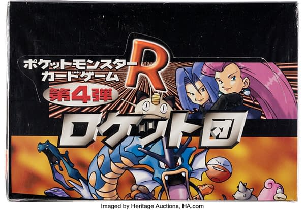 The top lid of the Japanese booster box from Team Rocket, the expansion set for the Pokémon TCG. This item is currently being auctioned on Heritage Auctions' website.