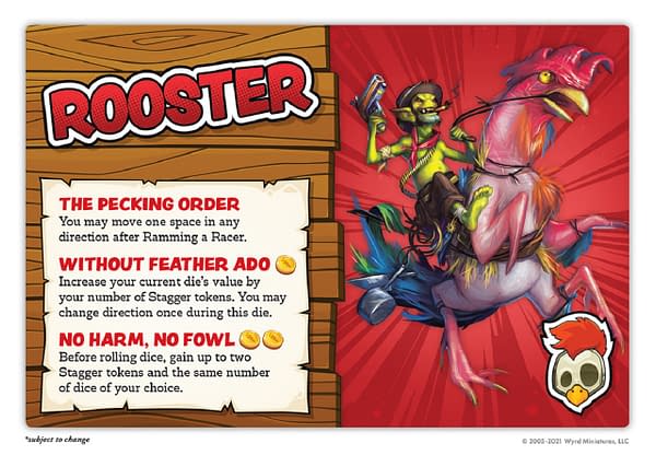 The Rooster card from Wyrd Miniatures' silly Gremlin racing game, Bayou Bash. Image attributed to Wyrd and used with permission.