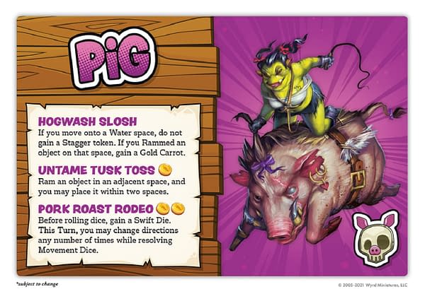 The stat card for the Pig and its jockey, Bo Peep, as seen in Bayou Bash, a tabletop board game by Wyrd Miniatures.
