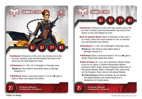 The stat card from The Other Side for Sonnia Criid, a character belonging to Wyrd Miniatures.