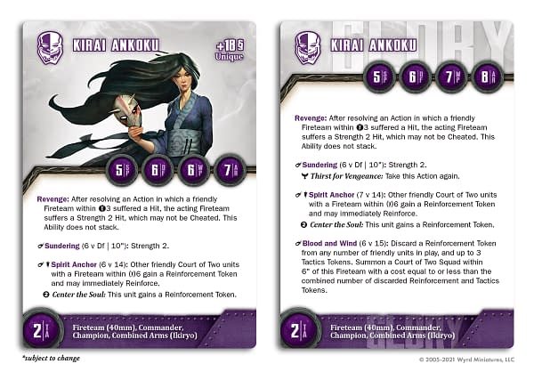 The stat card for Kirai Ankoku, Envoy of the Court, for Wyrd Miniatures' wargame The Other Side.