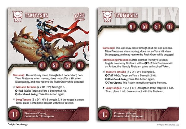 The front and back of the stat card for Takiyasha, the Kimon commander model from The Other Side, Wyrd Games' large-scale wargame.