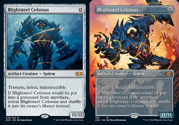 Two versions of Blightsteel Colossus, another card from Double Masters.