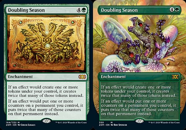 The main and alternate art for Doubling Season from Double Masters, an upcoming Magic: The Gathering set.