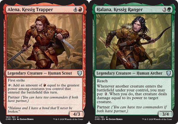 Alena, Kessig Trapper and Halana, Kessig Ranger, two new cards with Partner from Commander Legends, an upcoming expansion set for Magic: The Gathering.