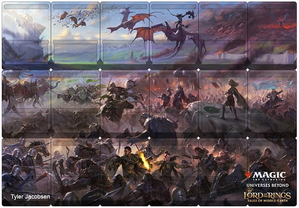 The various cards that will make up the Battle of Pelennor Fields, illustrated by Tyler Jacobsen, will make up an all-encompassing panoramic view of the famous battle. This is in Lord of the Rings - Tales From Middle-Earth, an upcoming Magic: The Gathering set.