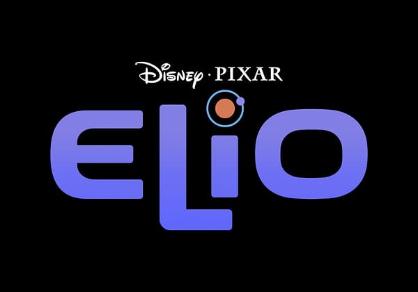 The logo for Elio, featuring the stylized text 'ELIO' in a gradient of blue shades, accompanied by a small graphic in orange and blue. The Disney and Pixar logos are displayed above the text.