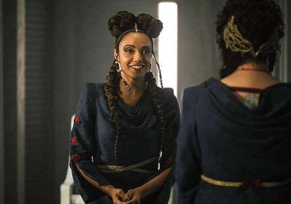Legends of Tomorrow -- "Swan Thong" -- Image Number: LGN515b_0003b.jpg -- Pictured: Maisie Richardson-Sellers as Charlie -- Photo: Bettina Strauss/The CW -- © 2020 The CW Network, LLC. All Rights Reserved.