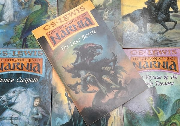 A collection of book covers from C.S. Lewis's 'The Chronicles of Narnia,' featuring 'The Last Battle' prominently in the center, illustrated with a dark, mythical creature. The other titles include 'Prince Caspian' and 'The Voyage of the Dawn Treader,' showcasing vibrant fantasy artwork.