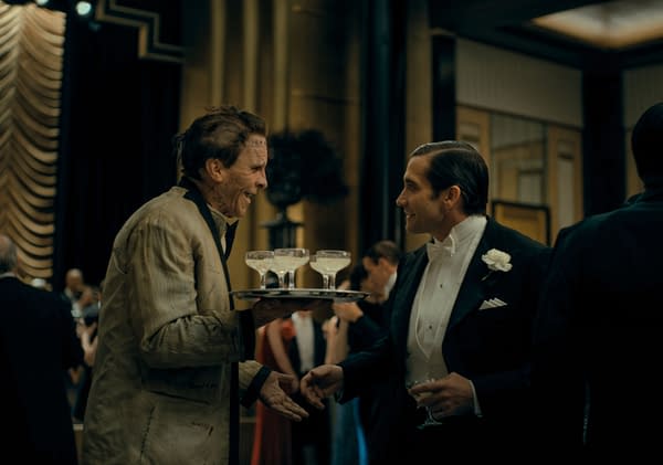 A formal event featuring a man in tattered clothes holding a tray of champagne glasses, engaged in a lively conversation with a well-dressed man in a tuxedo. The background includes elegantly dressed guests and an opulent setting.