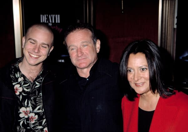Robin Williams with hi son Zak and wife Marsha at premiere of DEATH TO SMOOCHY, NY 3/26/2002. Editorial credit: Everett Collection / Shutterstock.com