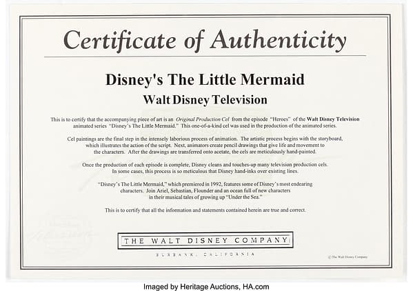 Production Cel Certificate of Authenticity. Credit: Heritage
