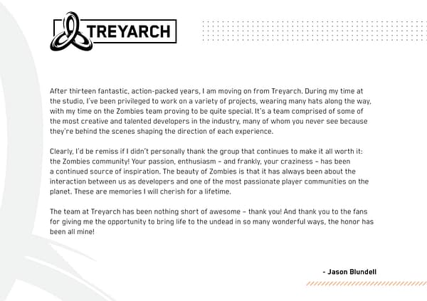 Jason Blundell, Creator Of "Call Of Duty" Zombies, Had Left Treyarch