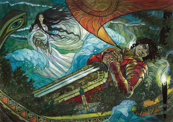The artwork for Path to Exile, a card from a promotional release for Magic: The Gathering, originally from the Conflux expansion set. Here, illustrated by Rebecca Guay.