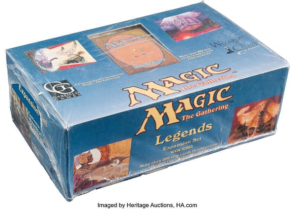 An angled photograph of the booster box of Legends from Magic: The Gathering that's being auctioned over at Heritage Auctions right now.