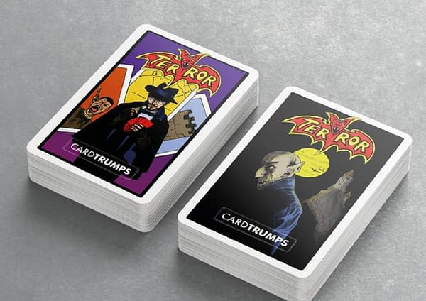 An angled shot of the backs of two Terror Trump decks. Kickstarter has gotten this effort fully funded and there are still two days left to back this project!
