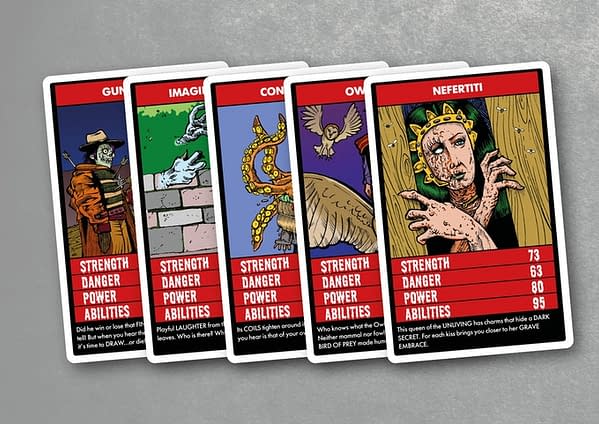 Five of the cards from Terror Trumps, a game that has been funded on Kickstarter with two days still to go.