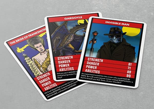 A spread of three more cards from the Terror Trumps card game, available now to back on Kickstarter.