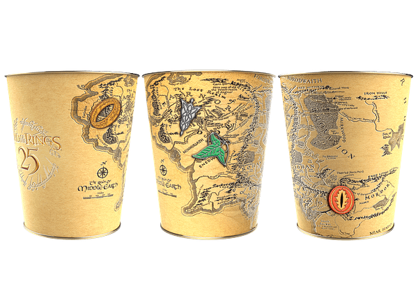 A decorative tin featuring a map of Middle-earth from 'The Lord of the Rings,' embellished with various icons like the One Ring and Elvish motifs. The design celebrates the 25th anniversary of the series, showcasing a vintage, parchment-like aesthetic.