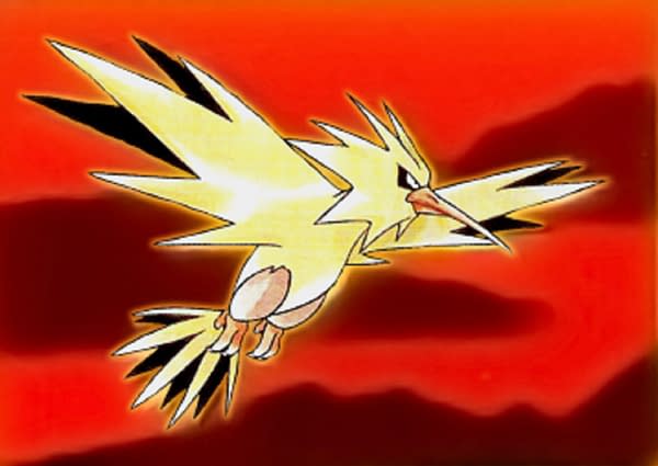 Artwork featuring Zapdos from the Pokémon Trading Card Game. This art has been used for various Pokémon cards, including the one up for auction at Heritage Auctions. Illustrated by Ken Sugimori.