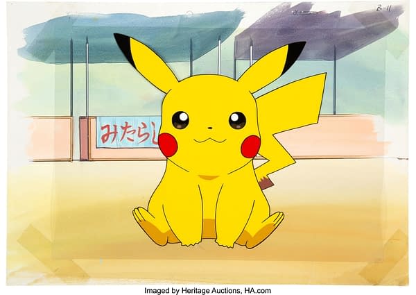 A fuller shot of the Pikachu color model and publicity cel from Pokémon. This item is currently available at auction on Heritage Auctions' website.