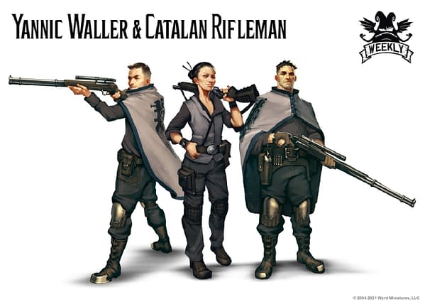 Three of the four characters in the Malifaux Outcast Starter Box: Yannic Waller and two Catalan Riflemen (not shown: the Catalan Brawler discussed last week). Art attributed to Wyrd Miniatures.