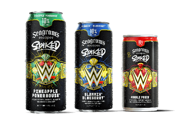 Three Seagram's Escapes Spiked beverage cans showcase distinct flavors: Pineapple Ponerhouse, Slammin' Blueberry, and Rumble Punch, each featuring colorful designs and the WWE logo. The cans are sweating with condensation, suggesting freshness.