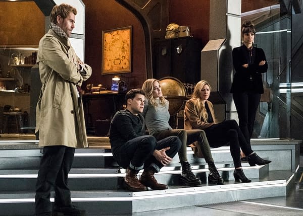 Matt Ryan as Constantine, Nick Zano as Nate Heywood/Steel, Caity Lotz as Sara Lance/White Canary, Jes Macallan as Ava Sharpe, and Tala Ashe as Zari in DC's Legends of Tomorrow, courtesy of The CW.