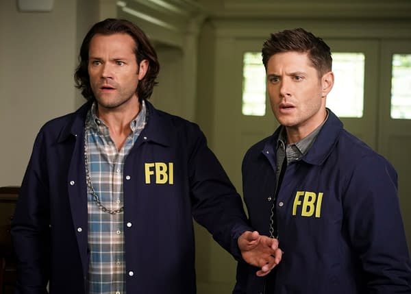 Supernatural -- "Raising Hell" -- Image Number: SN1503A_0100b.jpg -- Pictured (L-R): Jared Padalecki as Sam and Jensen Ackles as Dean -- Photo: Colin Bentley/The CW -- © 2019 The CW Network, LLC. All Rights Reserved.