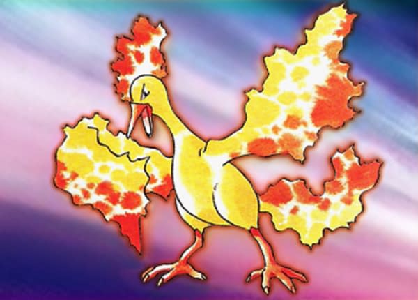 Artwork featuring Moltres from the Pokémon Trading Card Game. This art has been used for various Pokémon cards, including the one up for auction at Heritage Auctions. Illustrated by Ken Sugimori.