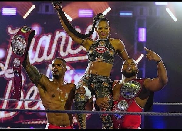 The Street Profits and Bianca Belair celebrate a WrestleMania 36 victory, photo courtesy of WWE.