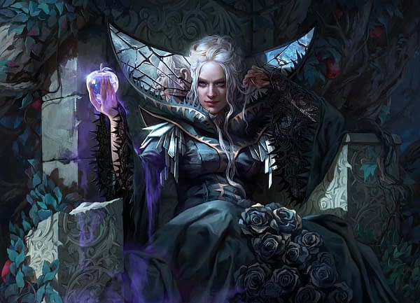 The full art for Eriette, Charming Witch, an upcoming card from Wilds of Eldraine, a set for Magic: The Gathering to release around Fall of 2023. Illustrated by Magali Villeneuve.