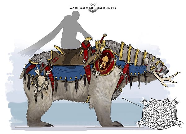 A concept artist's vision of a nondescript Kislevite upon a bear mount, from Warhammer: The Old World.