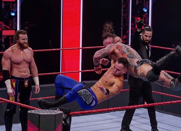 Austin Theory proves himself to Seth Rollins on RAW, courtesy of WWE.