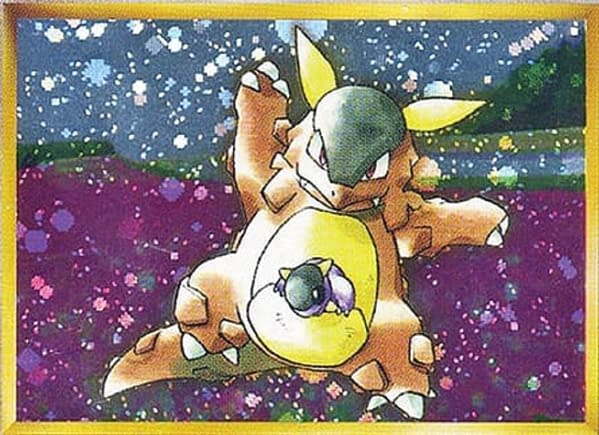 The artwork for the promotional Kangaskhan from the Parent/Child Mega Battle of the Pokémon Trading Card Game. Illustrated by Ken Sugimori.