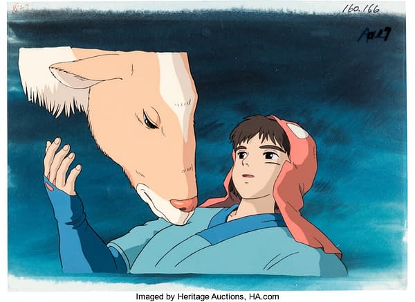 A clearer and more full view of the production cel from Studio Ghibli's masterful film Princess Mononoke (1997), in which Prince Ashitaka is awakened by his steed Yakul. This cel is now up for auction at Heritage Auctions.