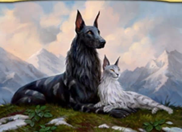 The artwork of Rin and Seri, Inseparable, a new Buy-A-Box promo card from Core 2021, an upcoming set for Magic: the Gathering. Illustrated by Leesha Hannigan.