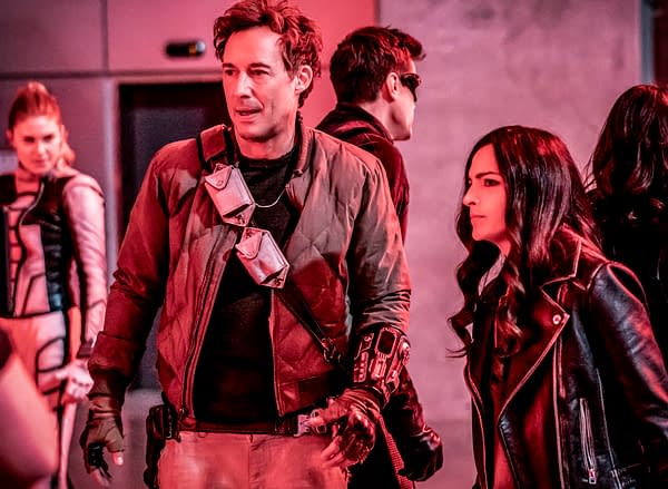 Natalie Sharp as Sunshine, Tom Cavanagh as Nash Wells, Hartley Sawyer as Elongated Man, and Kayla Compton as Allegra in The Flash, courtesy of The CW.