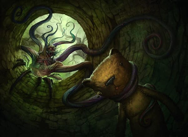 The art for Grapple with the Past, a card from Eldritch Moon, a set from Wizards of the Coast's card game Magic: The Gathering. Illustrated by Howard Lyon, this card is one example of poignance.