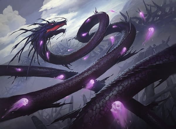 The artwork for Kokusho, the Evening Star, a legendary creature from Champions of Kamigawa, a set for Magic: The Gathering. Illustrated by Slawomir Maniak in his Iconic Masters iteration, shown here. Kokusho is one of many cards affected by this rule change.
