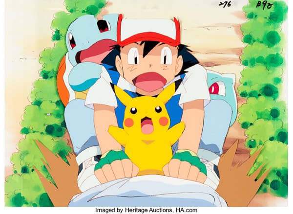 A production cel from Pokémon: The First Movie (1998), in which Ash Ketchum and three of his Pokémon companions - Pikachu, Squirtle, and Bulbasaur - are sliding down a hill. This production cel is available at Heritage Auctions right now!