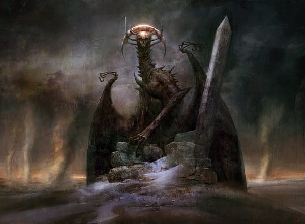 The artwork for Archfiend of Ifnir, a card from Amonkhet, an expansion set from 2017 for Magic: The Gathering. Illustrated by Seb McKinnon.