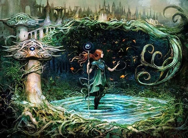 The artwork for Growth Spiral, a card from Ravnica Allegiance, an expansion set from 2019 for Magic: The Gathering. Illustrated by Seb McKinnon.