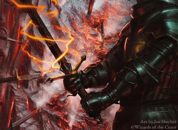 The full art for Embercleave, a card from Magic: The Gathering's Throne of Eldraine expansion. Ally Warfield has actively expressed her disdain in playing against Embercleave in the past.