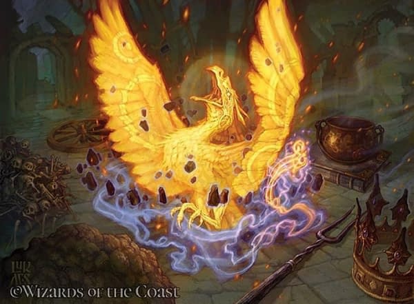 The full art for The Cinematic Phoenix, a Heroes of the Realm card from Magic: The Gathering awarded to employees from within Wizards of the Coast for achievements in cinematic trailers in 2019. Illustrated by Chuck Lukacs.