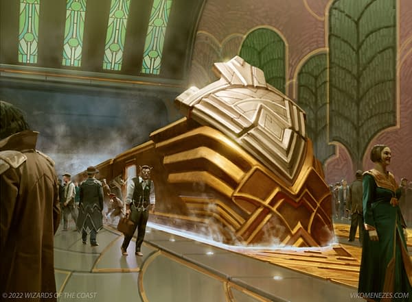 The full art for Capenna Express, a card from Streets of New Capenna, the newest expansion for Magic: The Gathering. Illustrated by Viko Menezes.