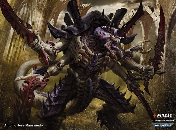 The full art for The Swarmlord, the presumed face commander of the Tyranid-themed precon from the Warhammer 40,000 Commander decks for Magic: The Gathering. These are slated to be released this October. Illustrated by Antonio José Manzanedo.