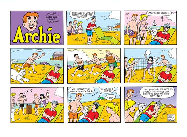 A colorful comic strip featuring characters from Archie. Archie and his friends are depicted at the beach, with scenes showing them relaxing, playing volleyball, and engaging in playful banter.