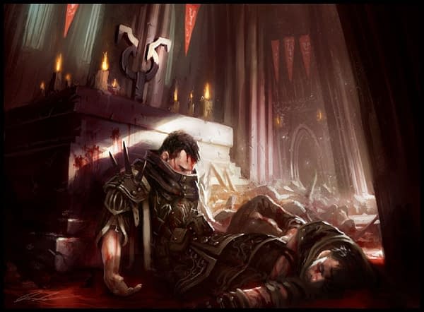 The artwork for Blasphemous Act, a card being reprinted in Double Masters, a premier expansion set for Magic: The Gathering and originally printed in Innistrad. Illustrated by Daarken.