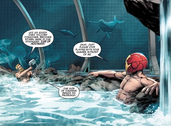 Avengers #21: Thor Plays With His Hammer in the Hot Tub While Iron Man Watches [Preview]